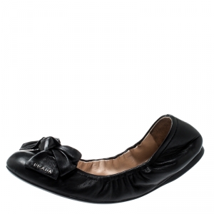 Pre Owned Prada Black Leather Bow Logo Scrunch Ballet Flats Size 41