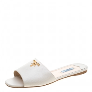 Pre Owned Prada White Saffiano Leather Logo Detail Flat Slides Size 39.5