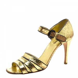 Prada Metallic Gold Python Embossed Leather Ankle Strap Sandals 40