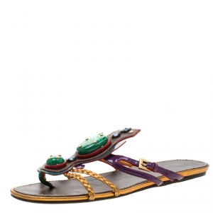 Pre Owned Prada Multicolor Leather And Patent Leather Embellished Flat Sandals Size 38