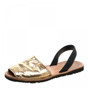 Prada Metallic Gold/Black Python Embossed Leather Flat Slingback Sandals Size 39
