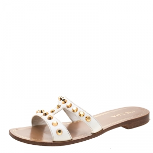 Prada White Saffiano Leather Stud Embellished Flat Slides Size 39