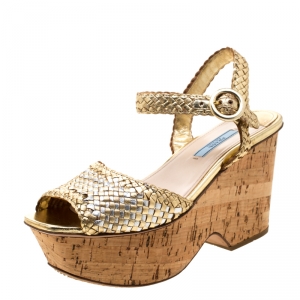 Prada Metallic Gold/Silver Woven Leather Cork Wedge Ankle Strap Platform Sandals Size 37