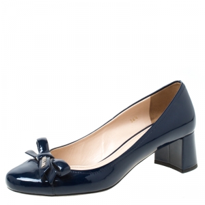 Pre Owned Prada Navy Blue Patent Leather Bow Detail Block Heels Pumps Size 36.5