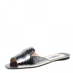 Pre Owned Prada Metallic Gun Metal Embossed Snakeskin Leather Peep Toe Flat Slides Size 38.5