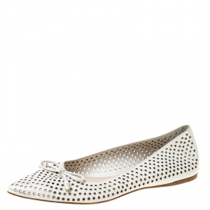 Pre Owned Prada White Perforated Leather Bow Pointed Toe Ballet Flats Size 37.5
