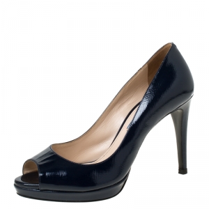 Pre Owned Prada Navy Blue Patent Leather Peep Toe Platform Pumps Size 35