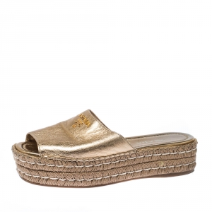 Pre Owned Prada Gold Metallic Leather Espadrille Platform Slides Size 38.5