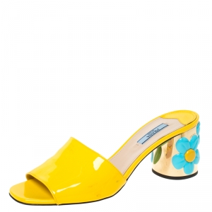 Pre Owned Prada Yellow/Blue Patent Leather Floral Heel Slide Sandals Size 39.5