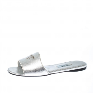 Pre Owned Prada Silver Saffiano Metal Leather Logo Detail Slide Flats Size 36.5