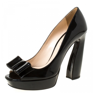 Pre Owned Prada Black Patent Leather Bow Detail Peep Toe Platform Pumps Size 38