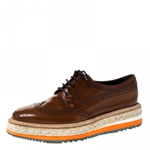 Pre Owned Prada Brown Brogue Leather Oxford Espadrille Sneakers Size 36.5