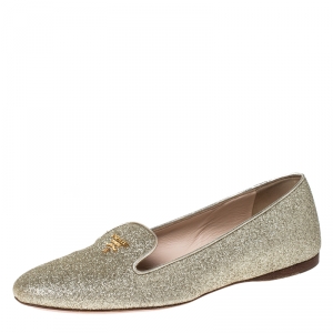 Pre Owned Prada Gold Glitter Logo Smoking Slippers Size 36