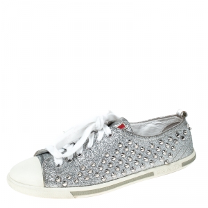 Pre Owned Prada Silver Glitter Stud Low Top Sneakers Size 37