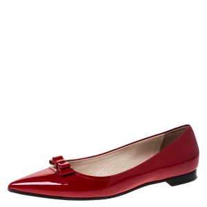 Pre Owned Prada Red Patent Leather Bow Pointed Toe Ballet Flats Size 38