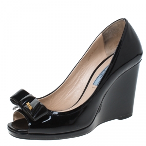 Pre Owned Prada Black Patent Leather Bow Peep Toe Wedge Pumps Size 36