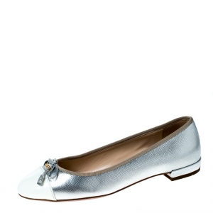 Pre Owned Prada Silver/White Metallic Leather Cap Toe Bow Ballet Flats Size 37
