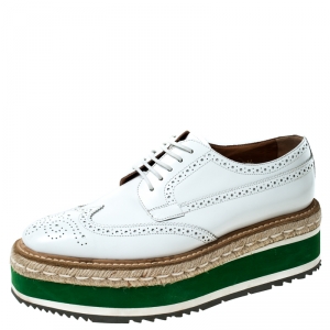 Pre Owned Prada White Brogue Leather Espadrille Platform Lace Up Sneakers Size 38.5