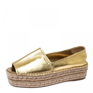 Pre Owned Prada Metallic Gold Leather Open Toe Platform Espadrilles Size 38.5
