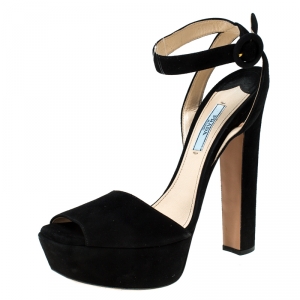Prada Black Suede Peep Toe Ankle Strap Platform Sandals Size 38.5