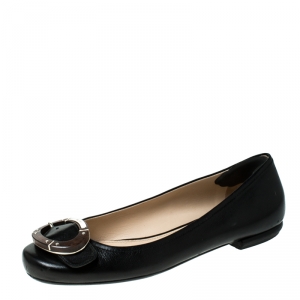 Pre Owned Prada Black Leather Wood Buckle Ballet Flats Size 38
