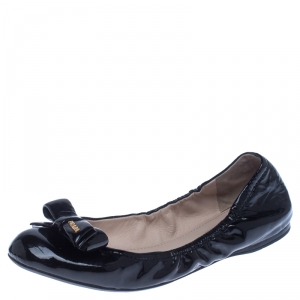 Pre Owned Prada Black Patent Leather Bow Scrunch Ballet Flats Size 39