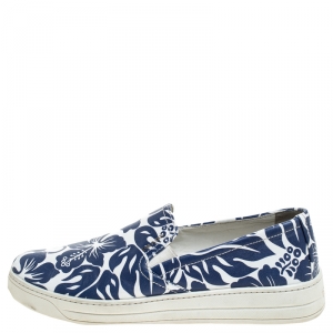 Pre Owned Prada Blue Leather Linea Rossa Printed Slip On Flats Size 40