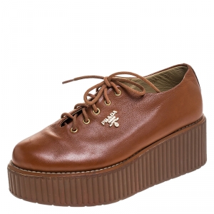مملوكة مسبقًا Prada Tan Leather Lace Platform Derby Sneakers Size 38