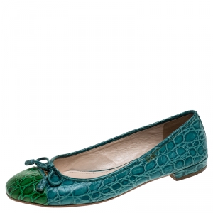 Pre Owned Prada Turquoise/Green Crocodile Leather Ballet Flats Size 36