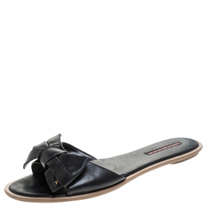 Pre Owned Prada Black Leather Bow Flat Slides Size 39