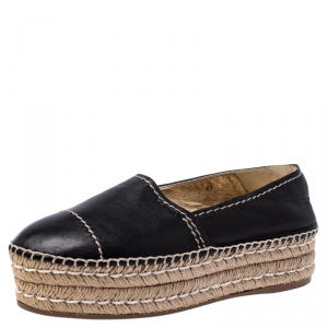 Pre Owned Prada Black Leather Espadrille Platform Loafers Size 37