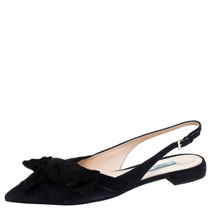 Pre Owned Prada Navy Blue Suede Bow Detail Slingback Flats Size 38