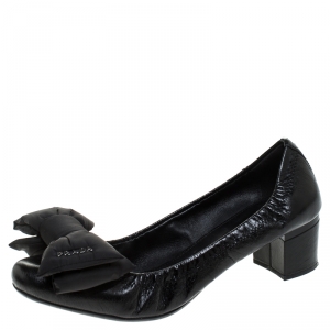 Pre Owned Prada Black Leather Bow Scrunch Pumps Size 36