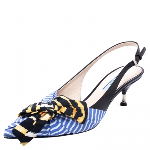 Pre Owned Prada Multicolor Fabric And Leather Bow Pointed Toe Slingback Sandals Size 38.5