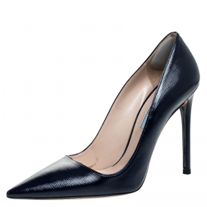 Pre Owned Prada Blue Patent Saffiano Leather Pointed Toe Pumps Size 38