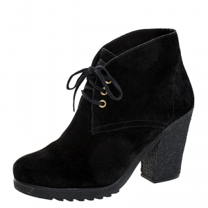 Pre Owned Prada Black Suede Block Heel Lace Up Ankle Boots Size 38.5