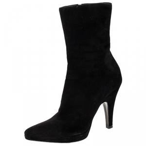 Pre Owned Prada Black Suede Pointed Toe Platform Ankle Boots Size 36