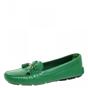 Pre Owned Prada Green Saffiano Leather Bow Loafers Size 40