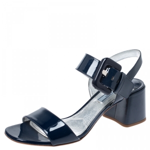 Prada Blue Patent Leather Block Heel Ankle Strap Sandals Size 39