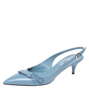Pre Owned Prada Blue Leather Pointed Toe Bow Slingback Sandals Size 38.5