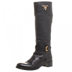 Pre Owned Prada Black Leather Buckle Mid Calf Boots Size 36
