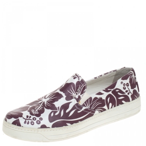 Pre Owned Prada White/Purple Floral Printed Leather Linea Rossa Slip On Sneakers Size 38.5