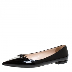 Pre Owned Prada Black Patent Leather Bow Pointed Toe Ballet Flats Size 38
