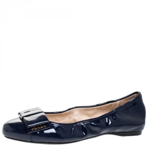 Pre Owned Prada Navy Blue Patent Leather Bow Ballet Flats Size 38.5