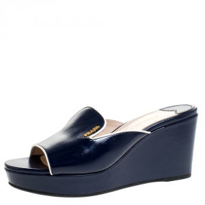 Prada Navy Blue Patent Leather Peep Toe Platform Wedge Slides Size 37.5