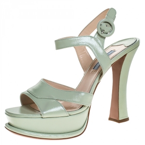 Pre Owned Prada Green Patent Leather Platform Ankle Strap Sandals Size 39