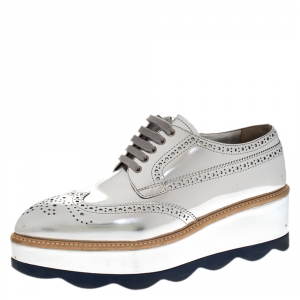 Pre Owned Prada Metallic Silver Brogue Leather Wave Wingtip Espadrille Platform Derby Sneakers Size 38.5