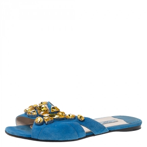 Pre Owned Prada Blue Suede Crystal Embellished Flat Slides Size 39