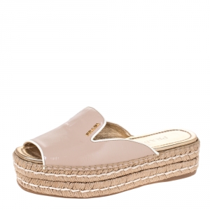 Prada Beige Patent Leather Espadrille Platform Slides Size 37