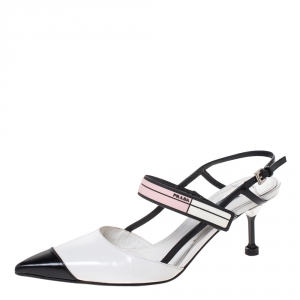 Pre Owned Prada White/Black Leather Pointed Toe Slingback Sandals Size 39
